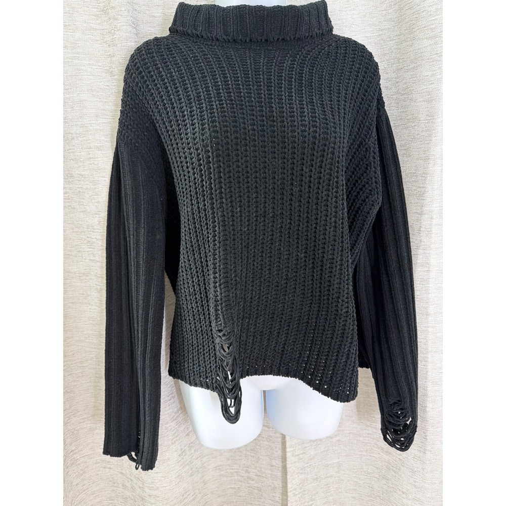 POL Clothing Black Distressed Mock Neck Chunky Knit Sweater Size Medium